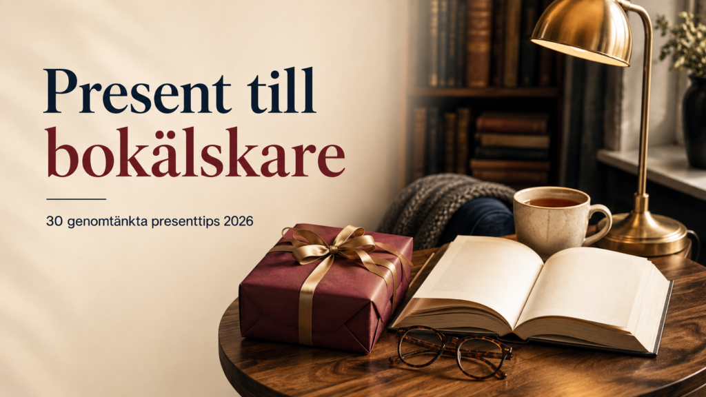 Present till bokälskare med inslagen gåva, öppen bok och läshörna
