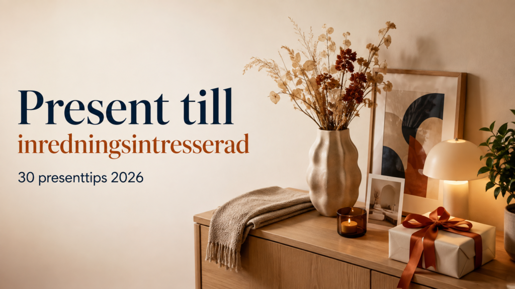 Presenttips till inredningsintresserad med vas, torkade blommor, lampa och väggkonst