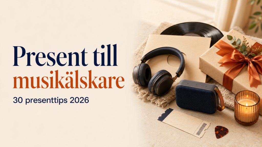 Presenttips till musikälskare med hörlurar, vinylskiva och högtalare