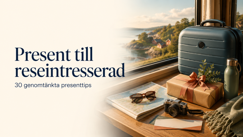 Present till reseintresserad med resväska, karta, kamera och inslaget paket