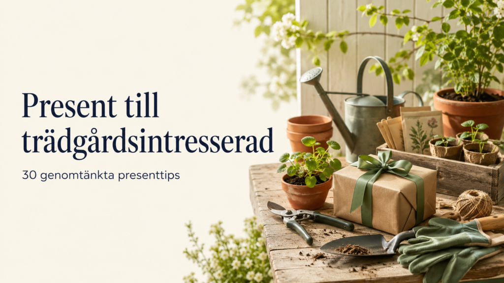 Present till trädgårdsintresserad med plantor, trädgårdsredskap och inslaget paket