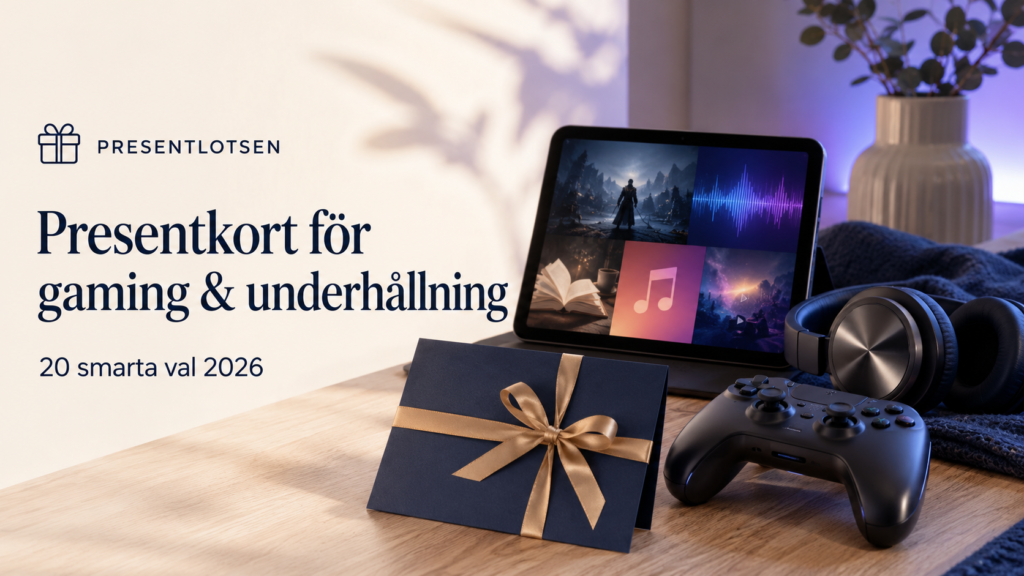 Presentkort för gaming och underhållning med spelkontroll, hörlurar och digitala nöjen
