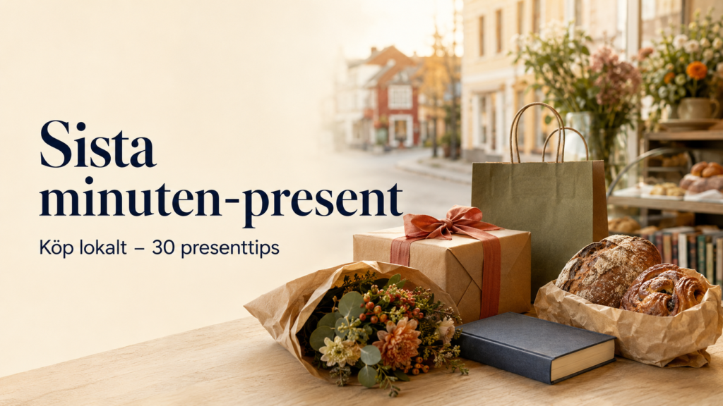Sista minuten-present att köpa lokalt med blommor, bröd, bok och inslaget paket