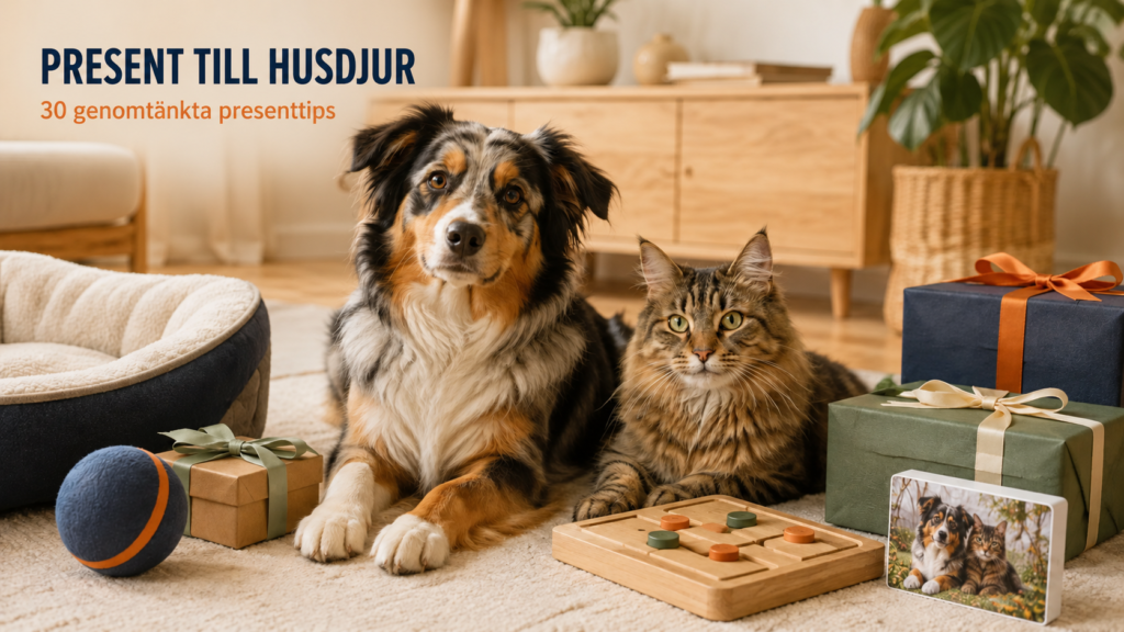 Hund och katt bland presenter och husdjursleksaker